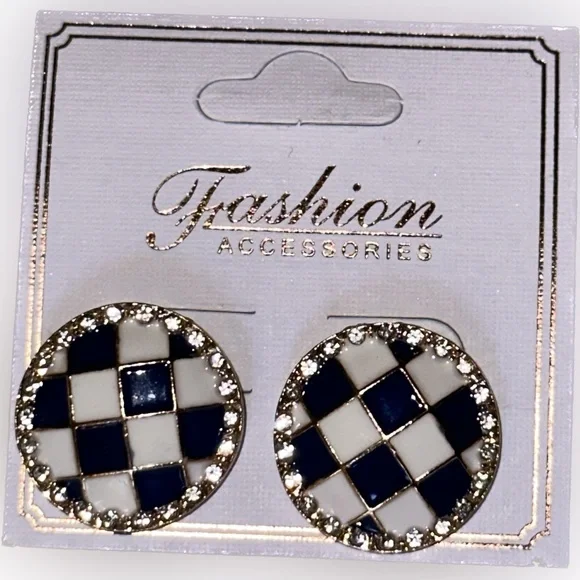 Checkered Blue and White Fashion Earrings - Picture 1 of 2
